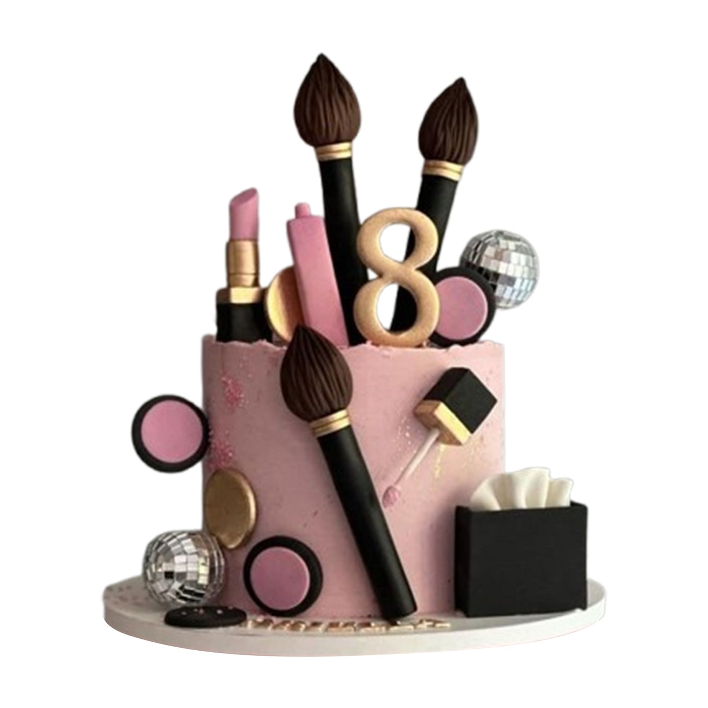 Makeup-themed cake decorated with buttercream piping, swirls, and soft textured effects for an elegant and stylish finish