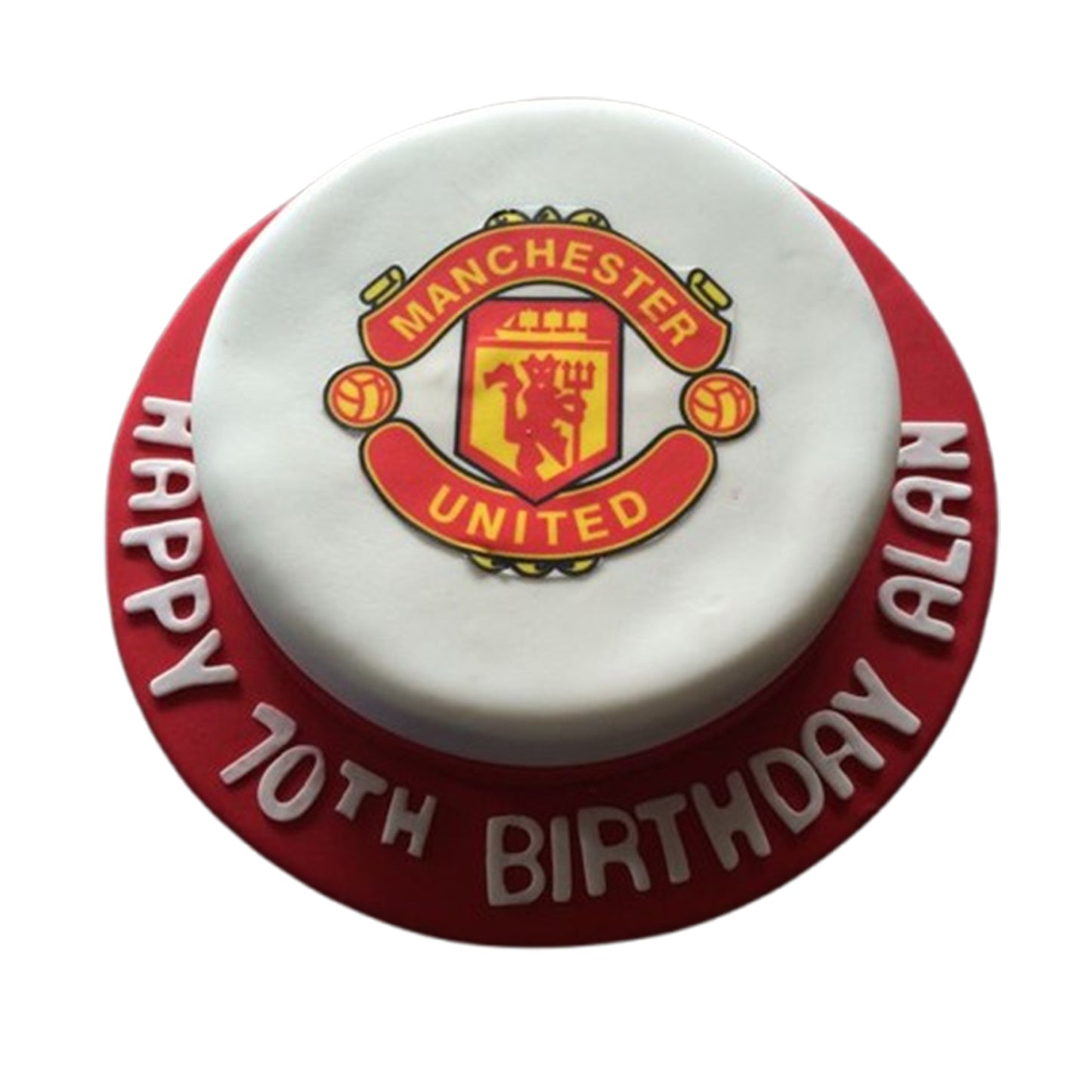 Manchester United-inspired red velvet cake with rich layers, mirroring the club's iconic colors.