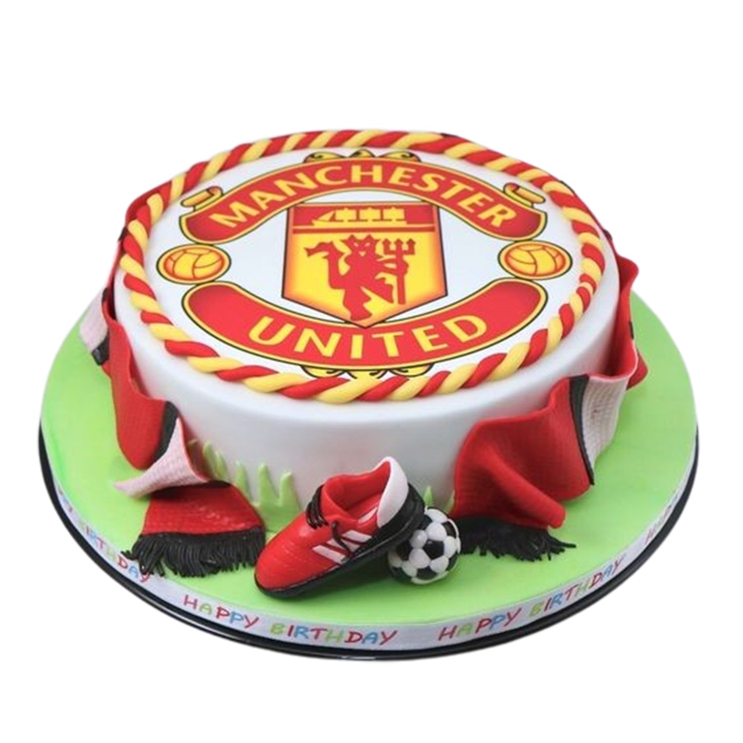 Manchester United celebration cake with edible gold/silver leaf, honoring the club's international triumphs in luxurious style.