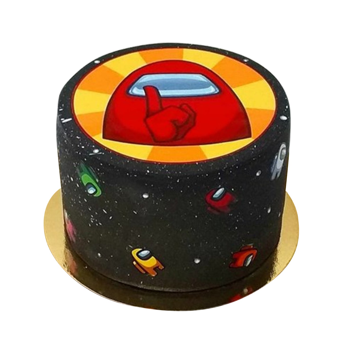 “Among Us cake slice revealing hidden crewmate and impostor decorations”