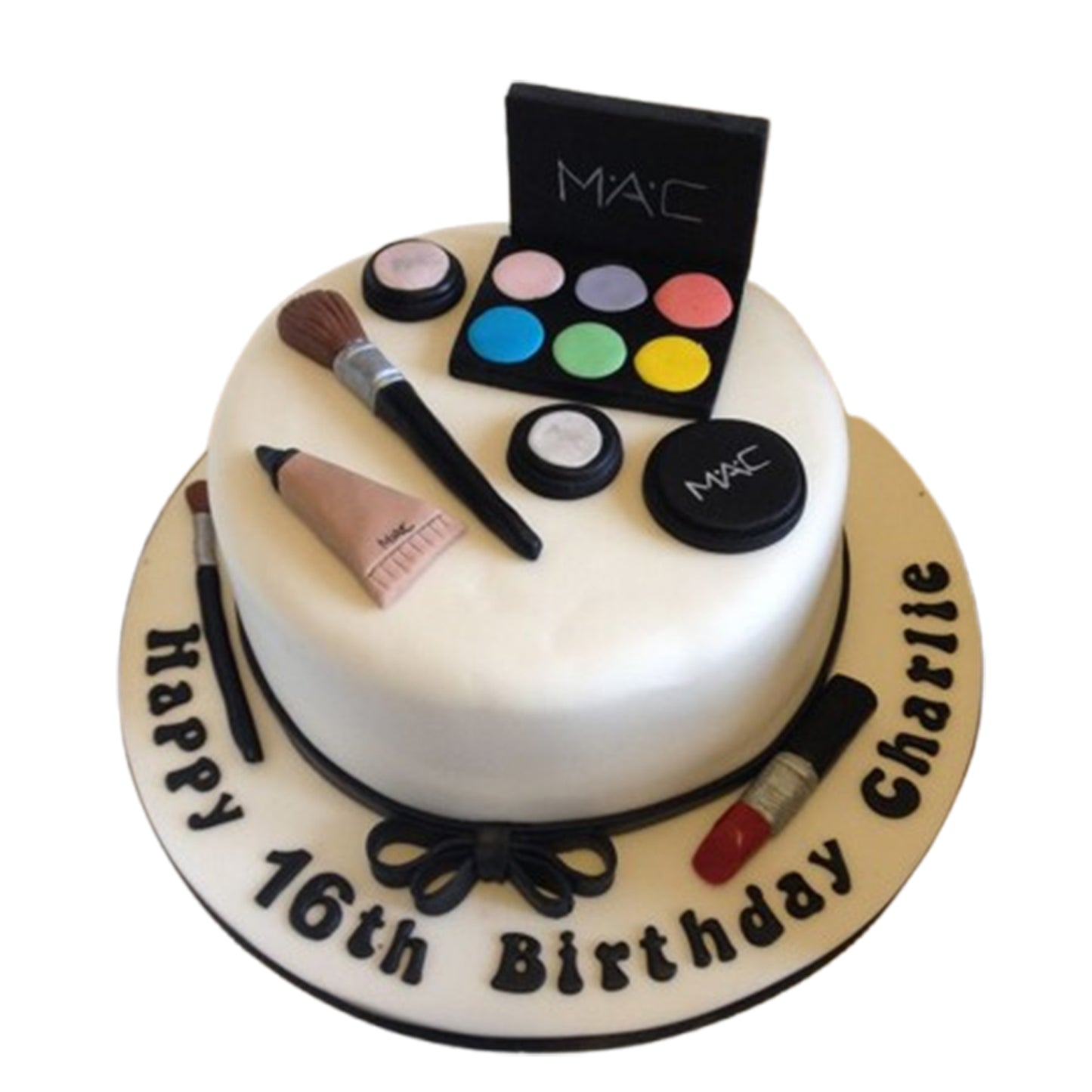 Vibrant fondant makeup palette cake with realistic eyeshadow and blush shades, perfect for beauty enthusiasts.