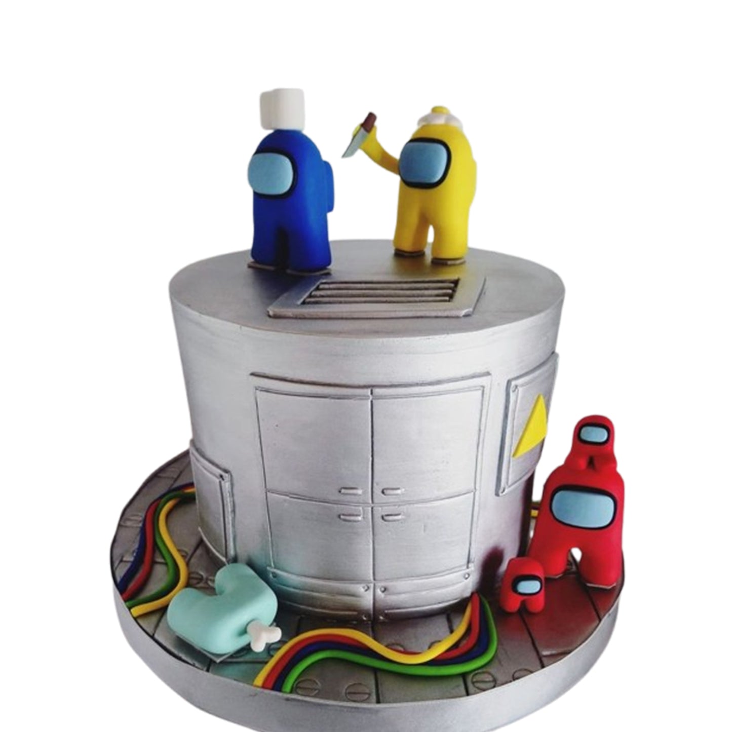 Playful Among Us cake with colorful crewmates and an impostor accent