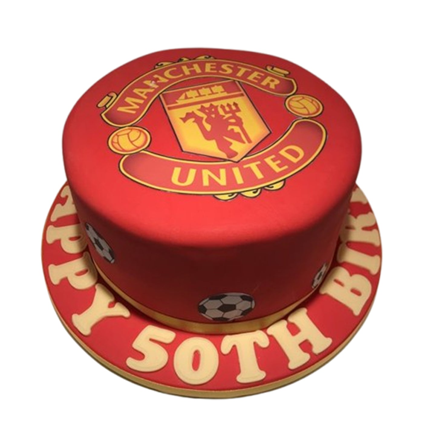 Sophisticated Manchester-inspired cake with sleek black fondant ribbon detailing and refined finishes.