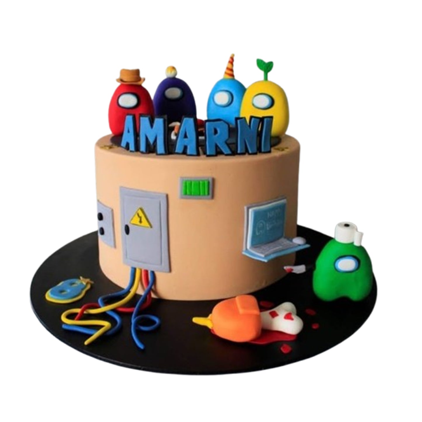 “Multi‑tier Among Us cake with fondant crewmates and sabotage details”
