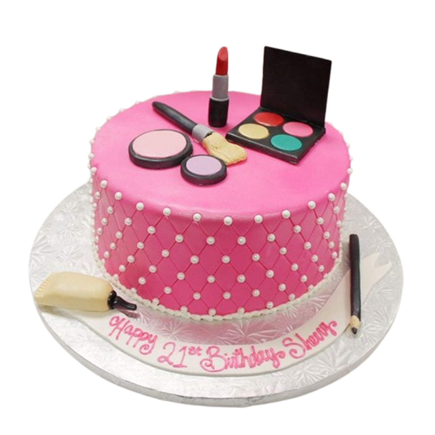 Exquisitely detailed fondant miniatures of beauty products creating a lifelike cosmetic fantasy on cake