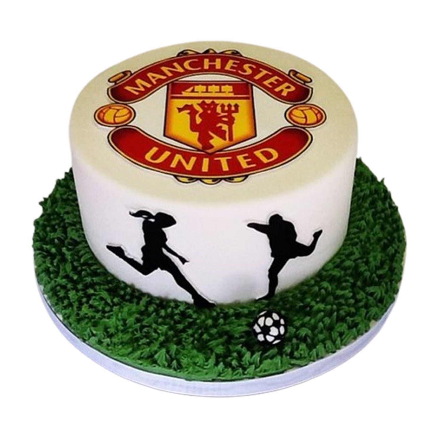 Manchester United-themed cake with a bottom tier designed as a mini football pitch, featuring fondant lines, goals, and the team’s logo at the center