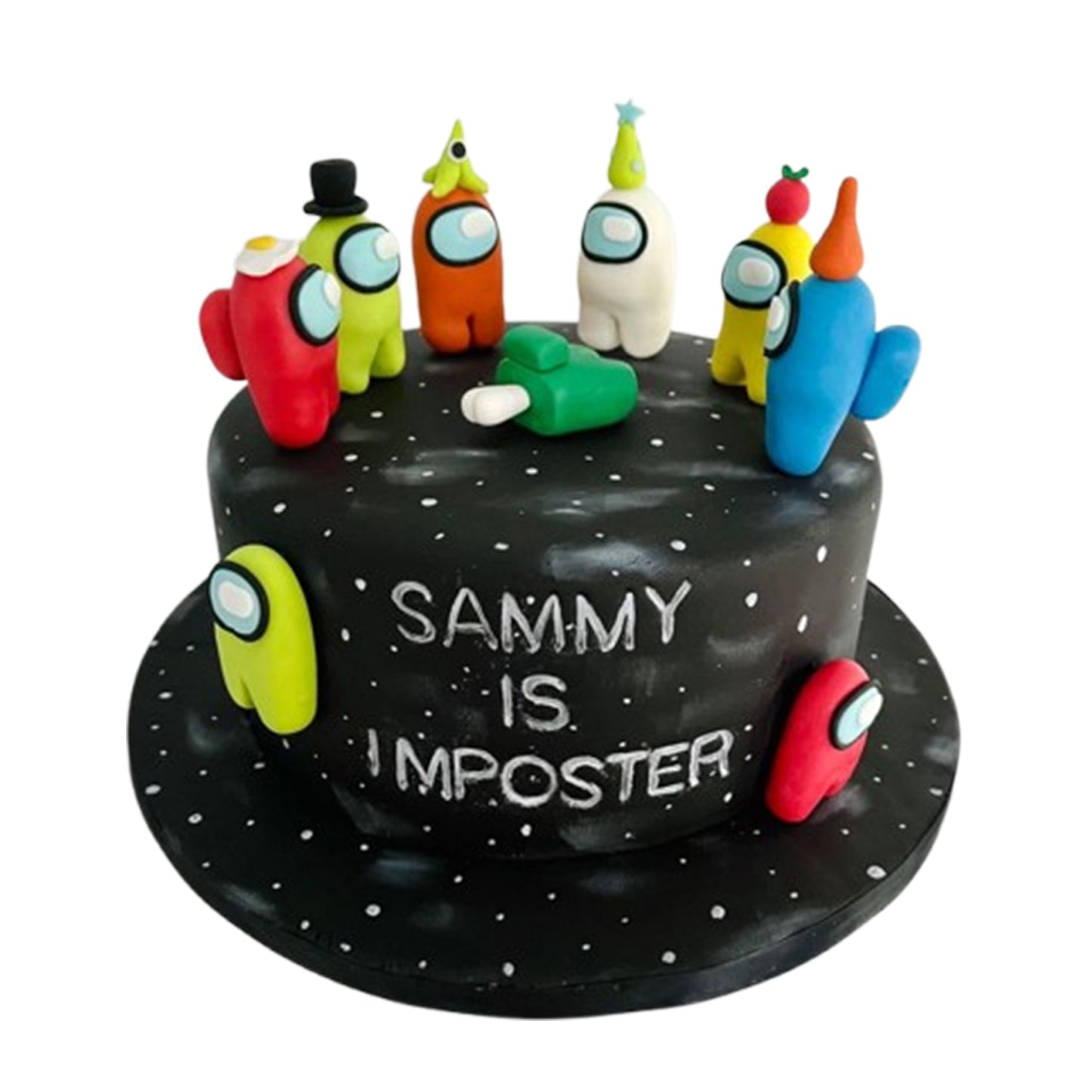 Among Us cake with multicolor fondant crewmates in space suits