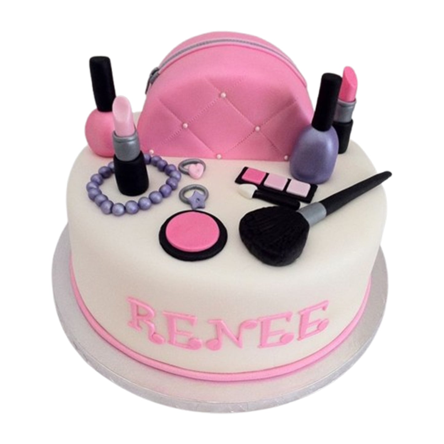 Sparkling fondant makeup accessories with edible glitter and luster dust for a dazzling beauty-inspired cake design