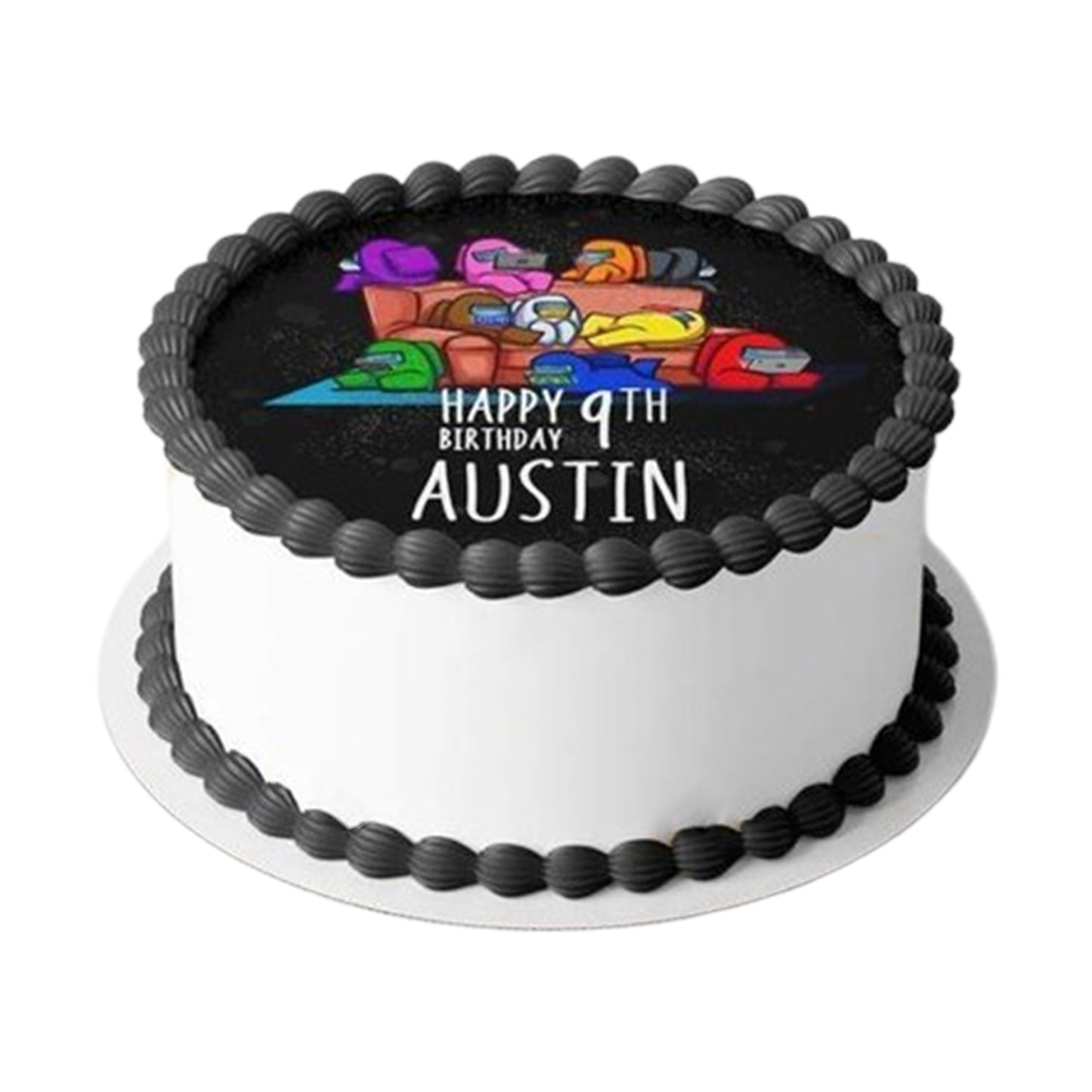 Colorful Among Us cake featuring fondant crewmates and an impostor