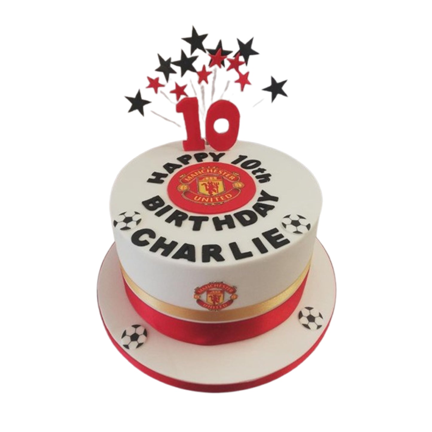 Manchester United tribute cake featuring edible fondant icons of Ferguson, Cantona, and Ronaldo celebrating club history.