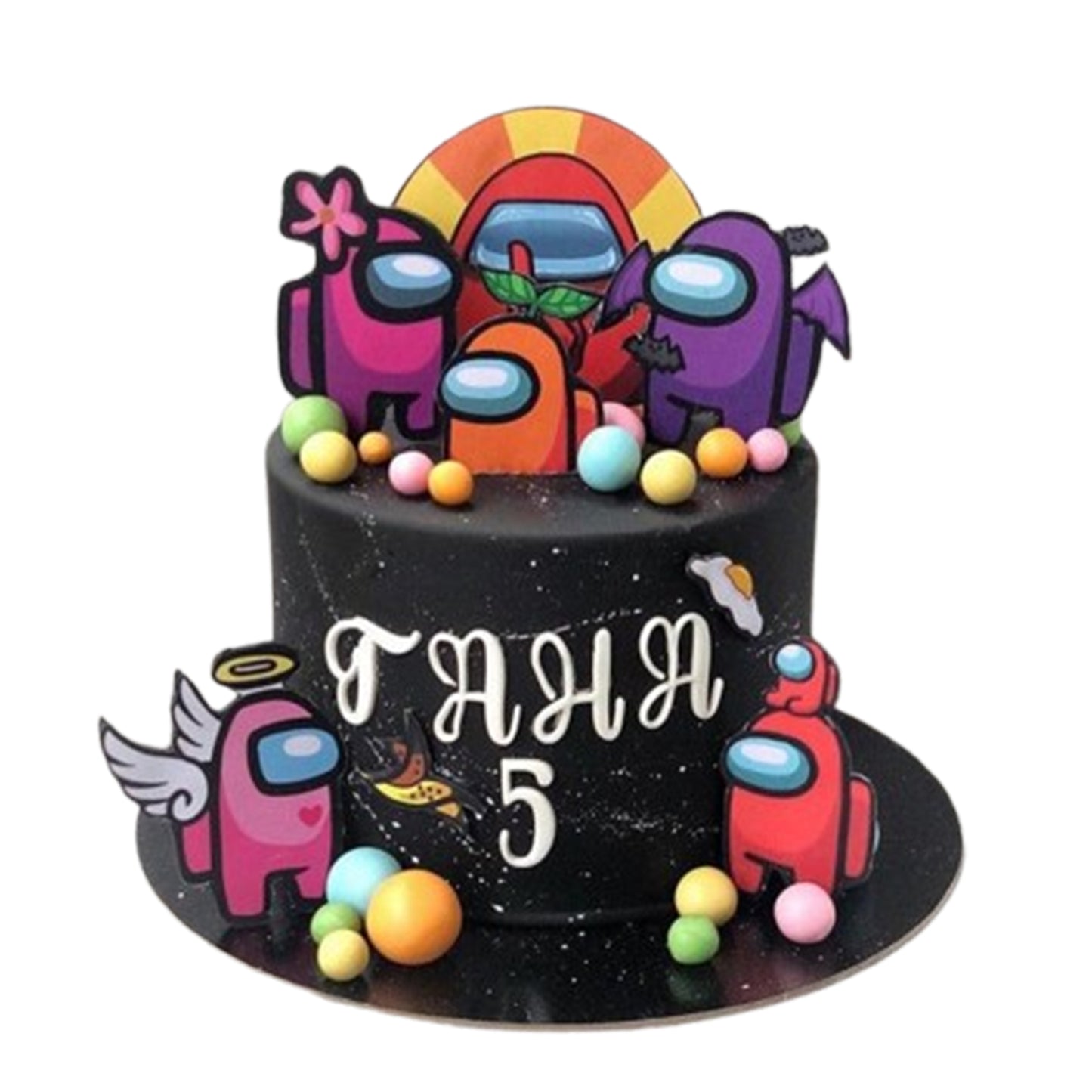 Dark-themed Among Us cake with cracked visor crewmate