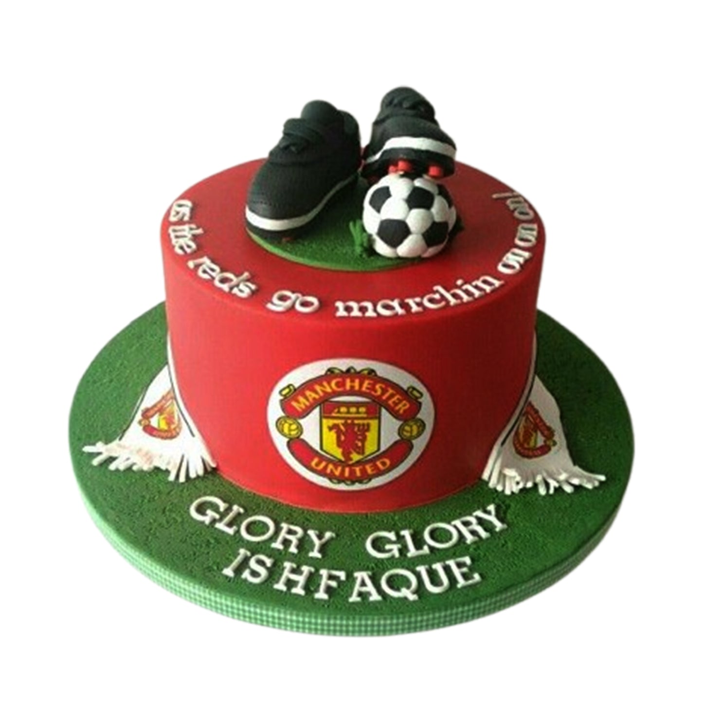 Manchester United-themed cake adorned with elegant red fondant roses, celebrating the club's iconic colors and heritage.
