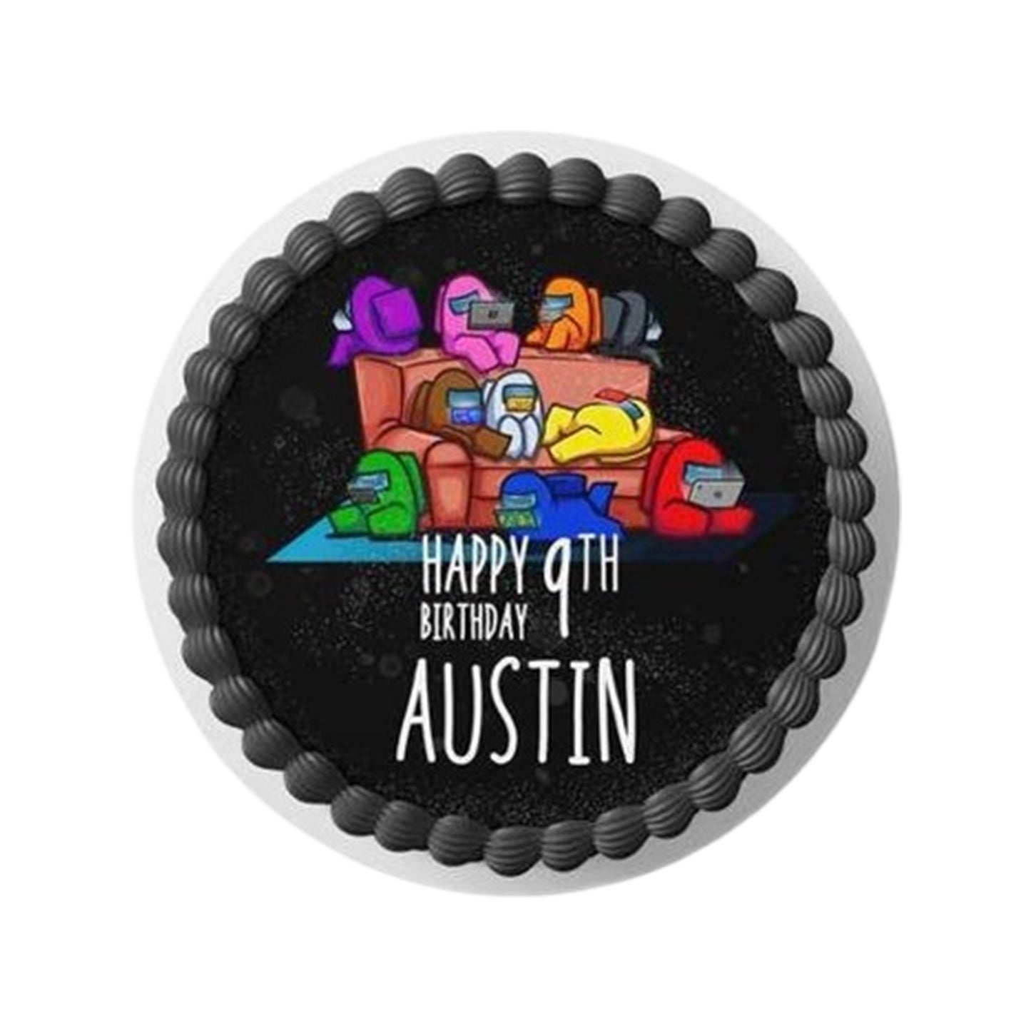 “Among Us cake with fondant spacesuits, backpacks, and painted visor reflections”