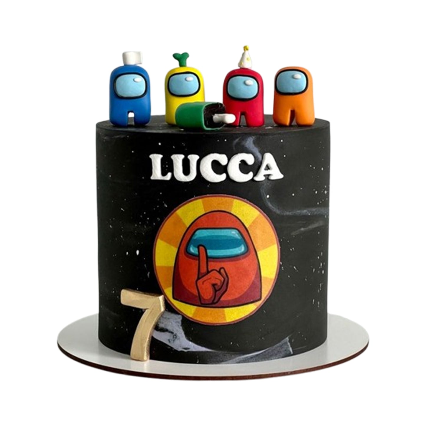 Among Us cake slice showing chocolate, red velvet, and lemon layers with buttercream frosting