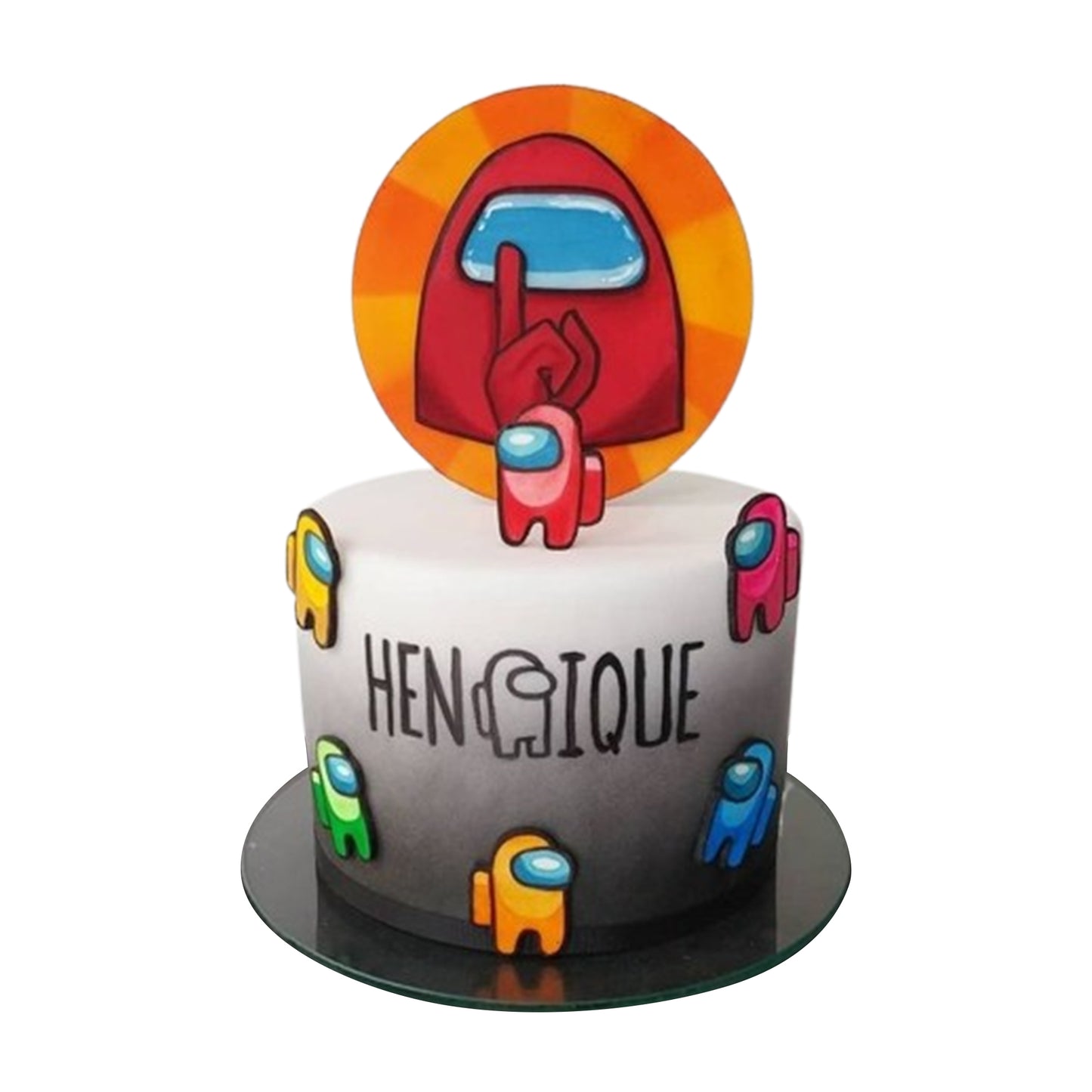 “Among Us cake with layers of chocolate ganache, fruit jam, and custard filling”