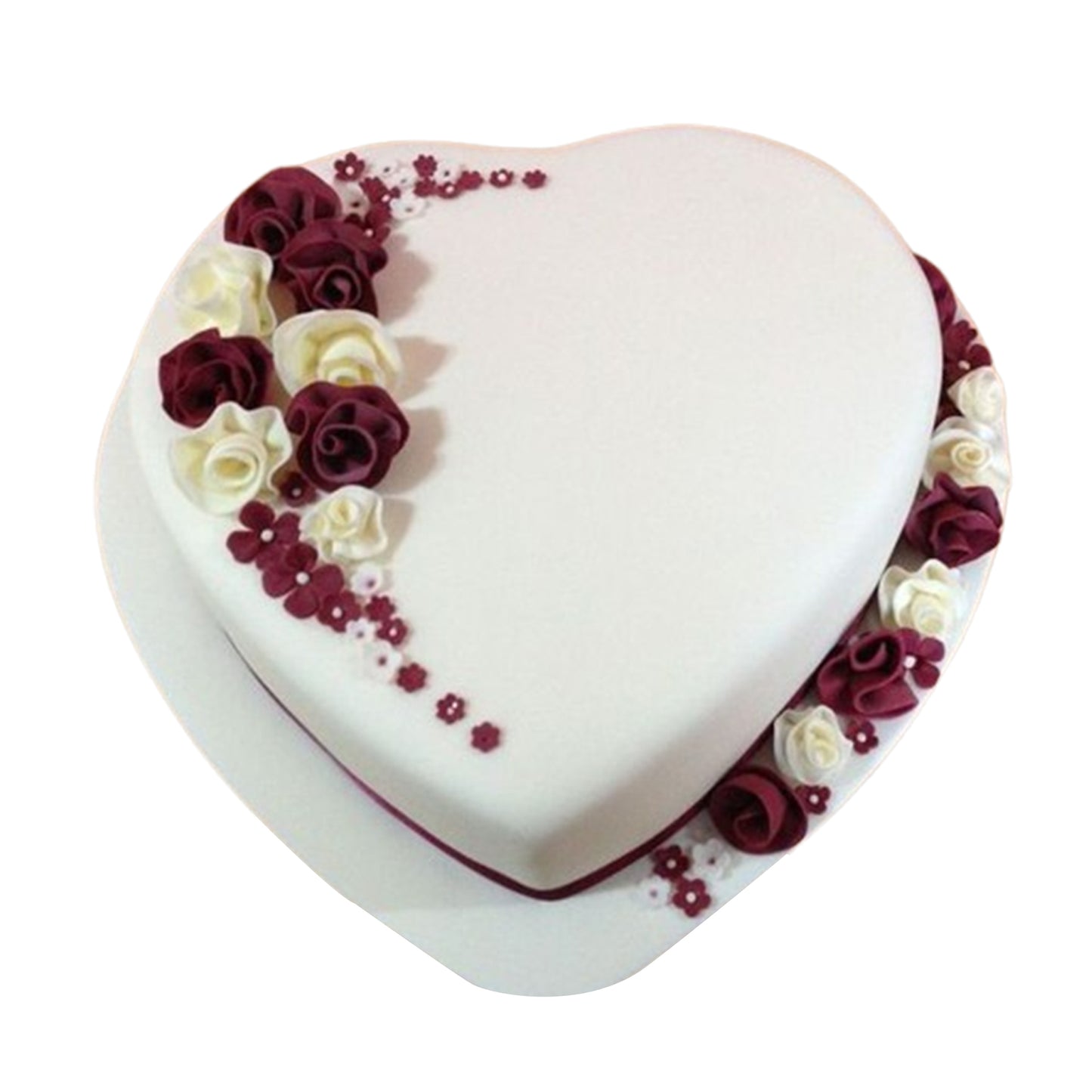 Heart-shaped cake adorned with fresh strawberries, raspberries, or blueberries, adding a tangy contrast to the sweet cake and frosting.