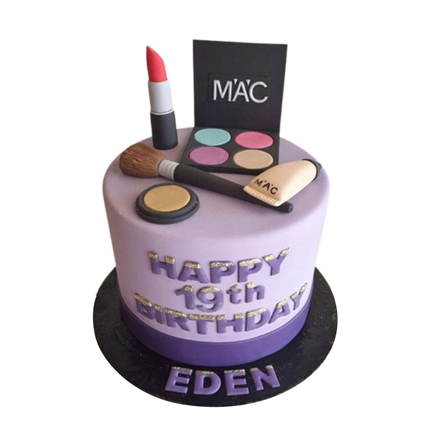 Ultra-glossy fondant makeup decorations with mirror-like shine for a true-to-life cosmetic cake design.