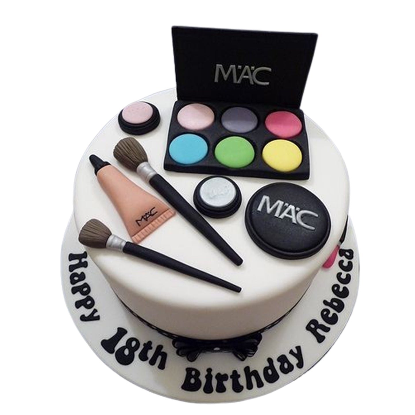 Custom beauty-themed cake with elegant fondant lettering and realistic makeup decorations for a special celebration.