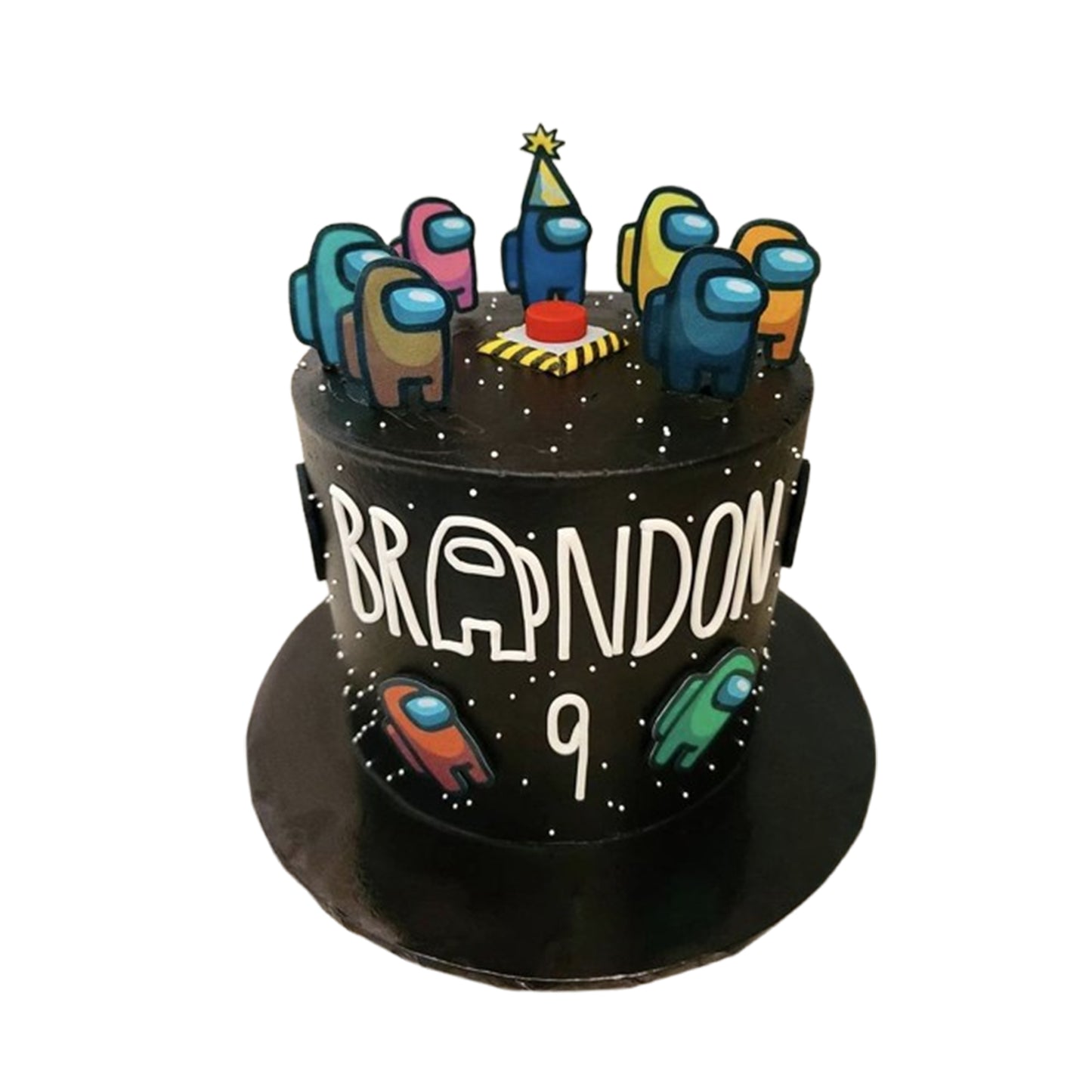 Among Us themed fondant cake with colorful crewmates