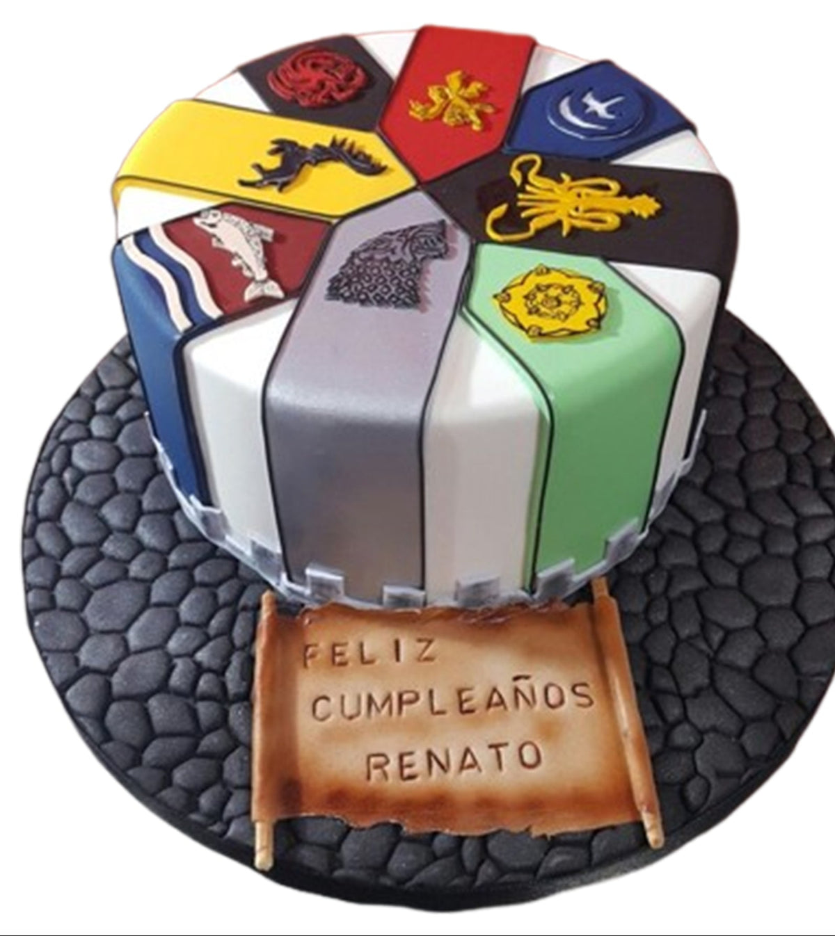 Game Of Thrones Cake V2 with colourful house crests and personalised birthday scroll