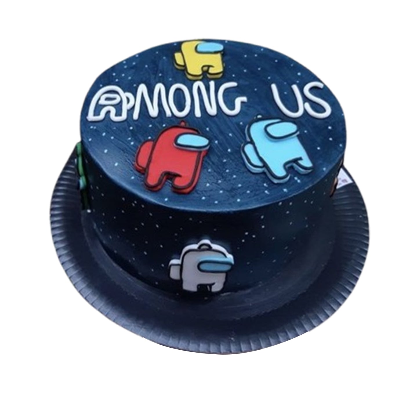 Among Us cake adorned with edible crewmate and impostor figurines