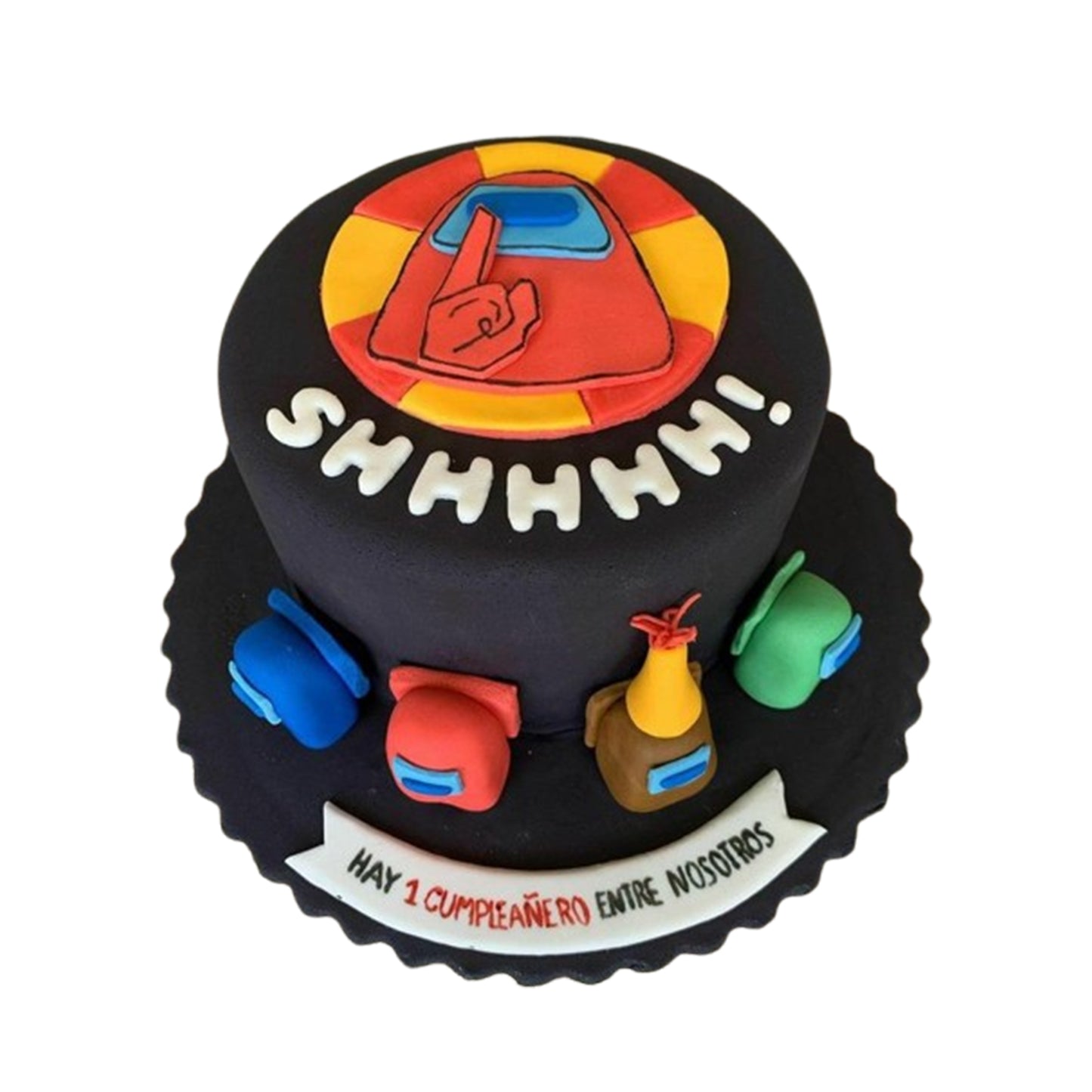 Among Us cake with multicolour fondant crewmate figurines