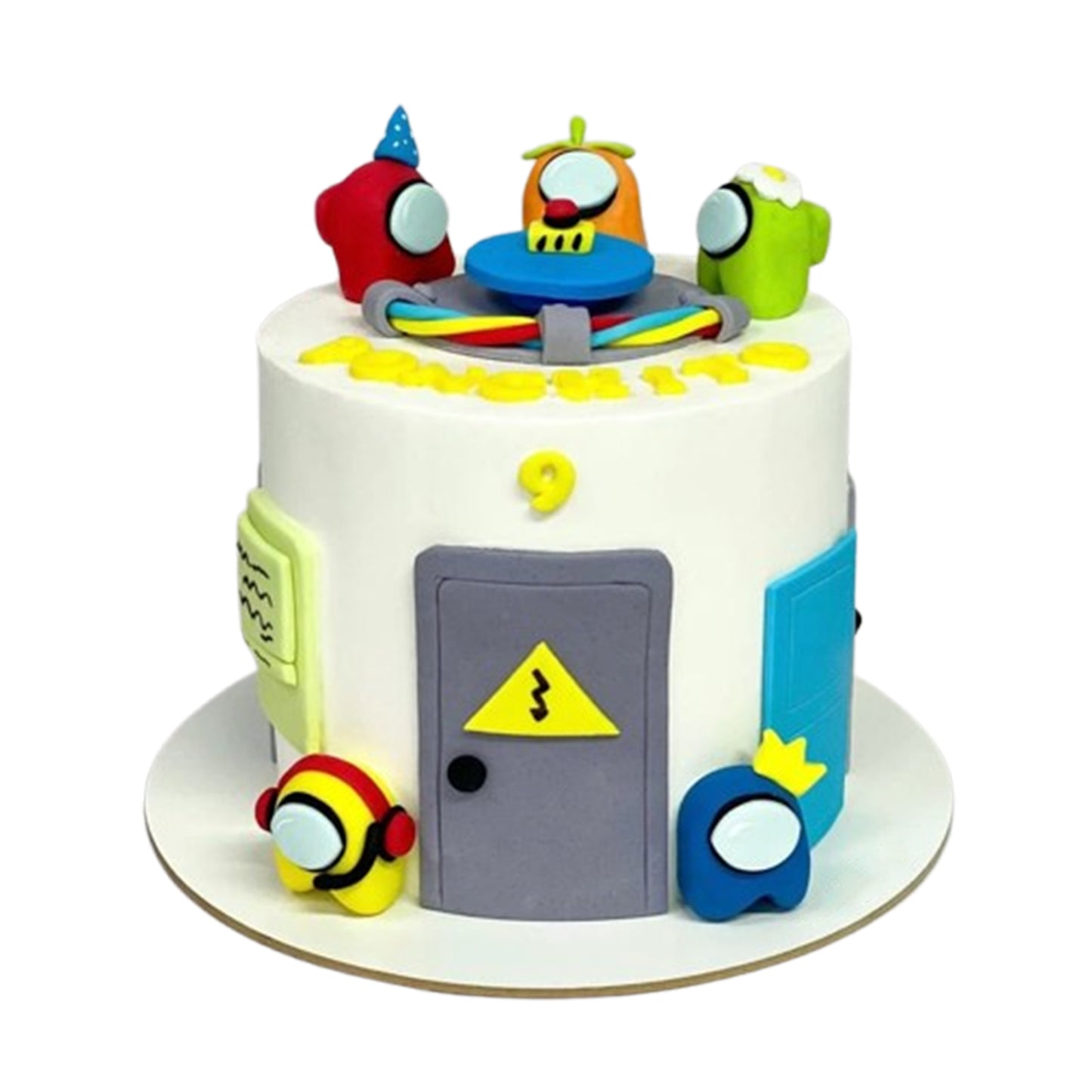 Among Us cake with vibrant multicolor fondant crewmates