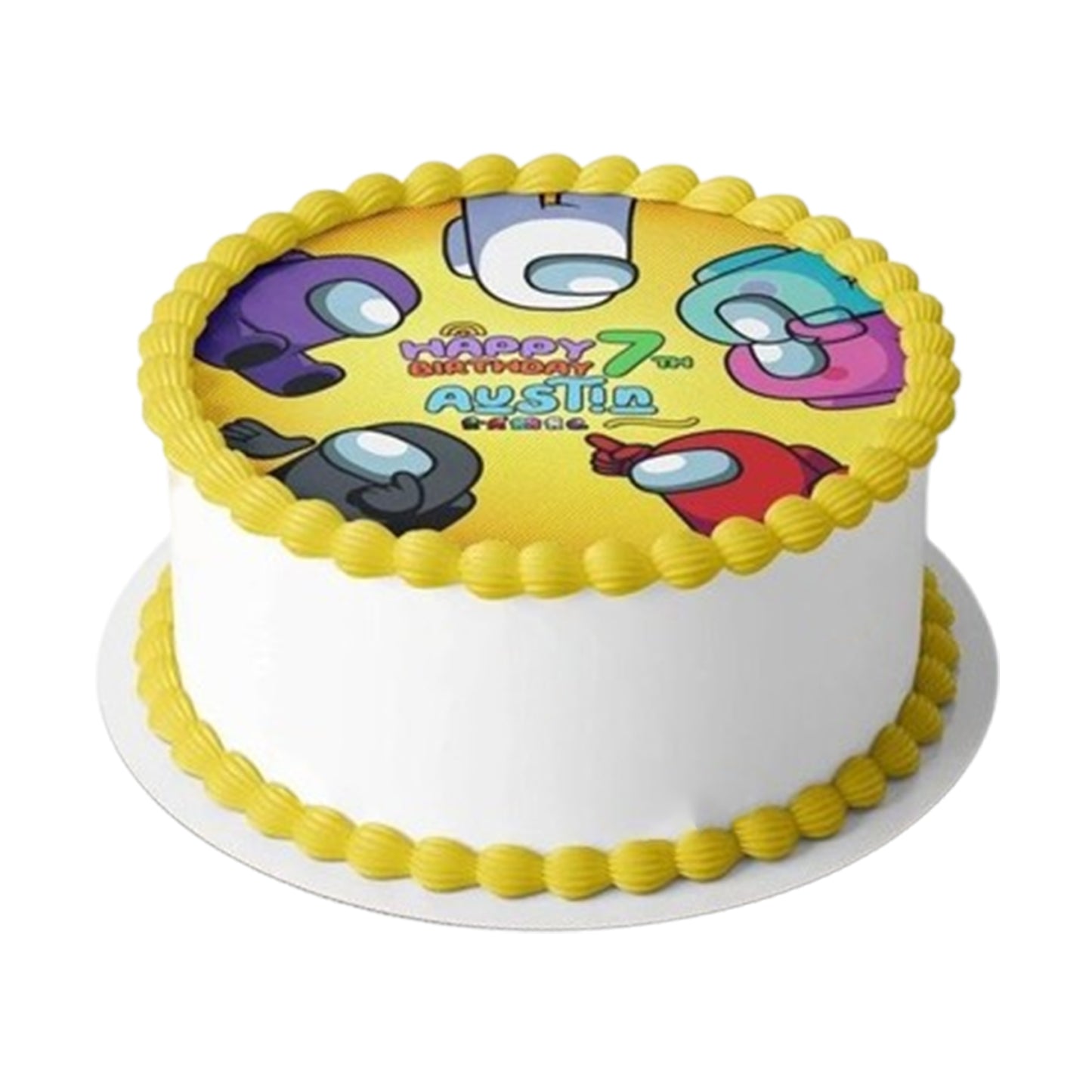 Among Us cake with detailed fondant backpacks