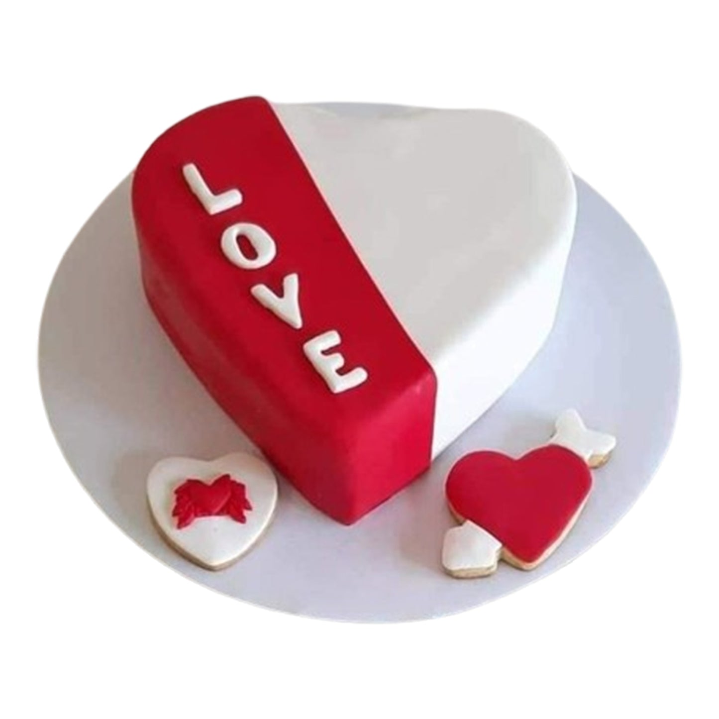 Heart-shaped cake adorned with edible decorations like heart-shaped candies, chocolate shavings, fresh flowers, and sugar pearls for a stunning finish