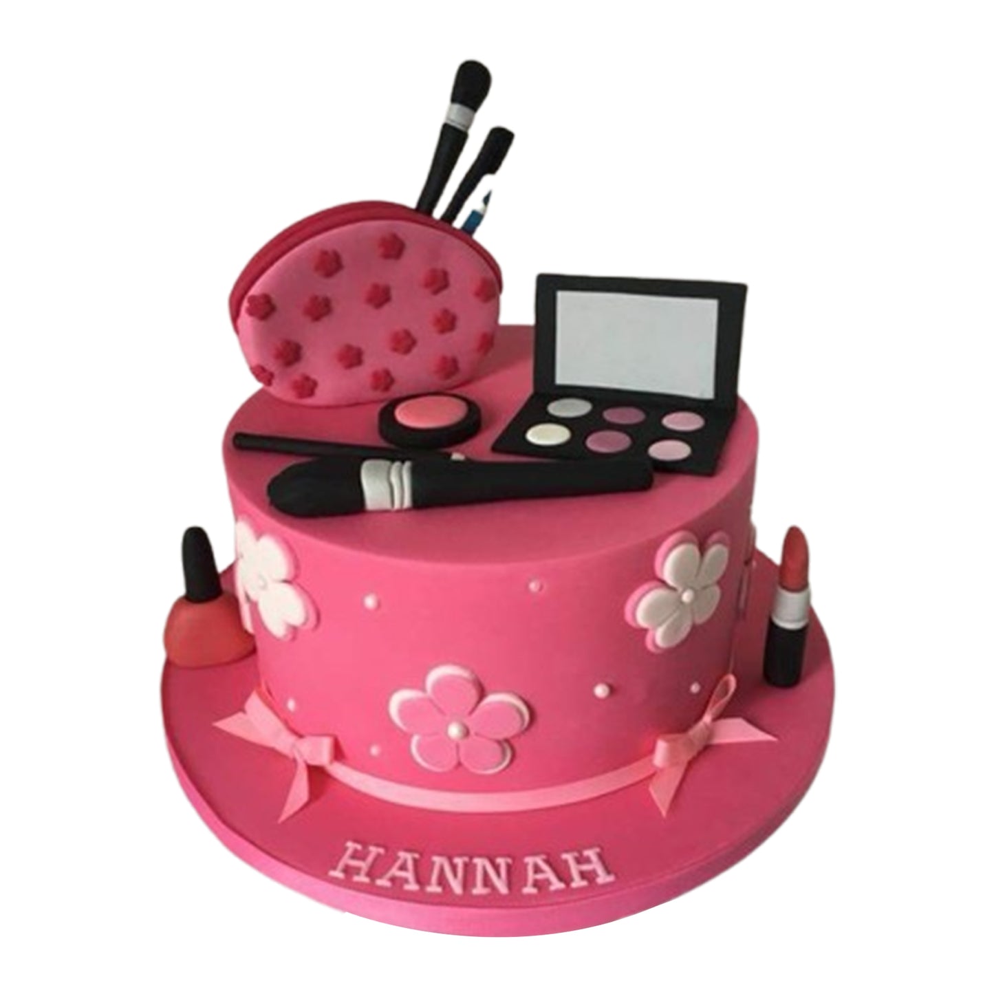 Makeup-themed cake featuring intricate fondant details like makeup palettes, compacts, and makeup bags, crafted with precision and artistry