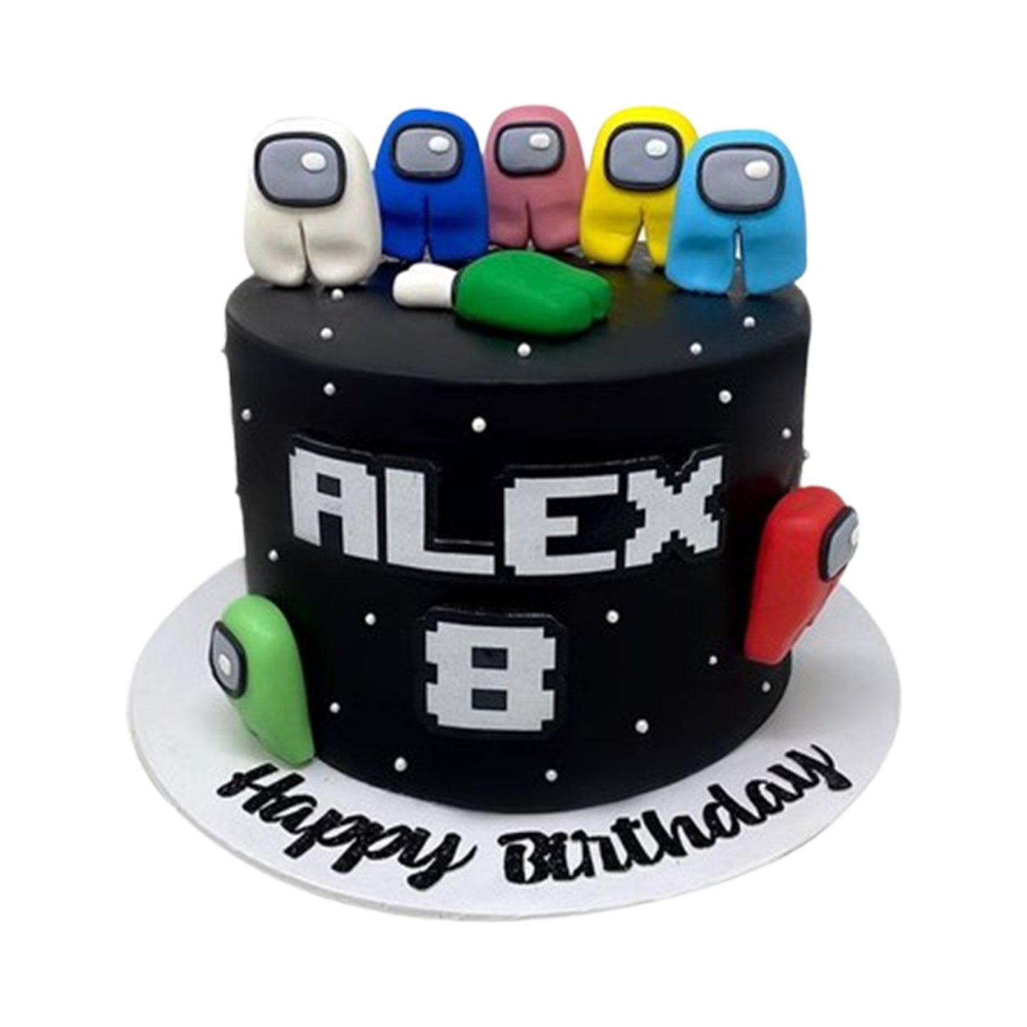 “Among Us cake slice showing chocolate, vanilla, and red velvet layers”