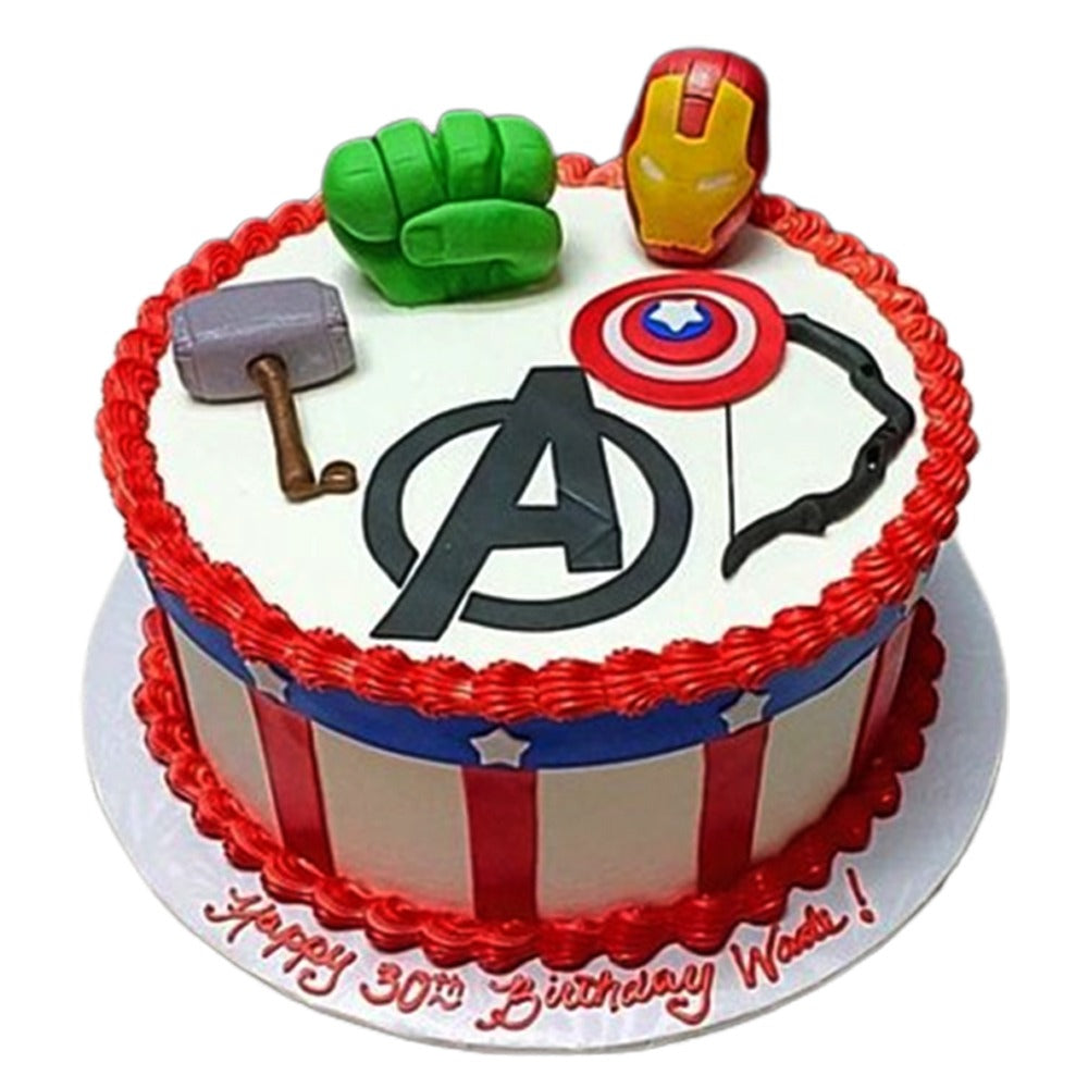 Avengers cake topped with a custom edible-ink birthday message