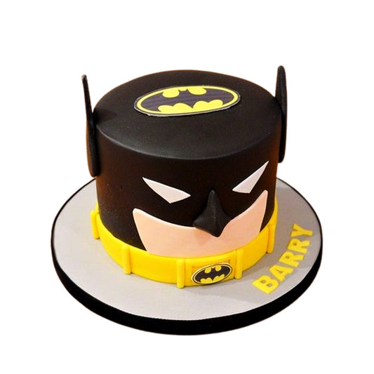 Batman Cake V11 - dark dramatic birthday cake with night-time city skyline and Batman perched on top