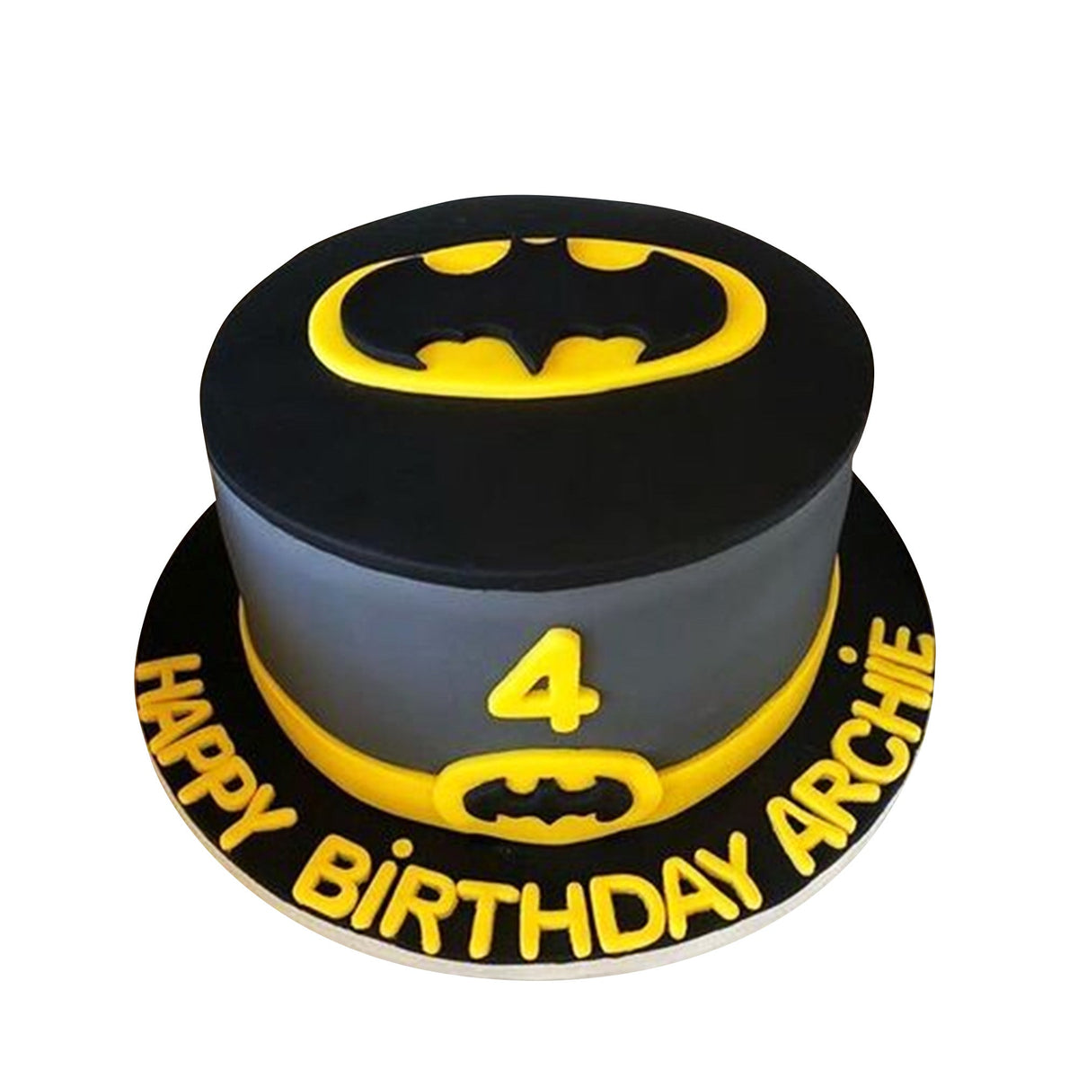 Batman Cake V12 - two-tier birthday cake with Batman on one tier and Batgirl on the other, city skyline design