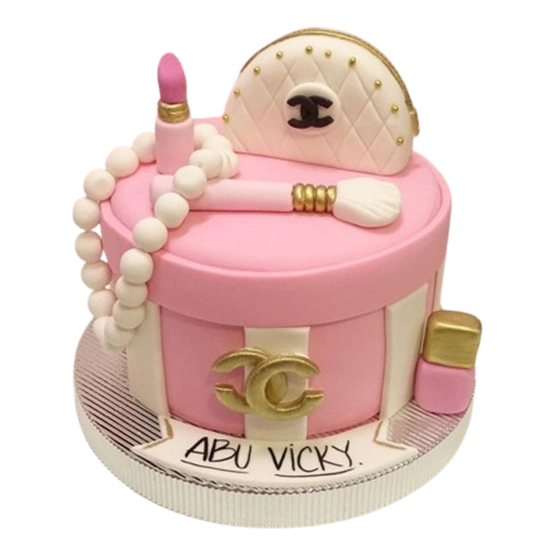 Makeup-themed cake featuring fondant makeup brushes arranged around the cake or as a topper, resembling a beauty artist’s workspace