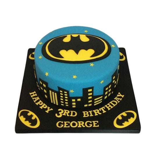 Batman Cake V16 - birthday cake with 3D city skyline sides and Batman flying across the top