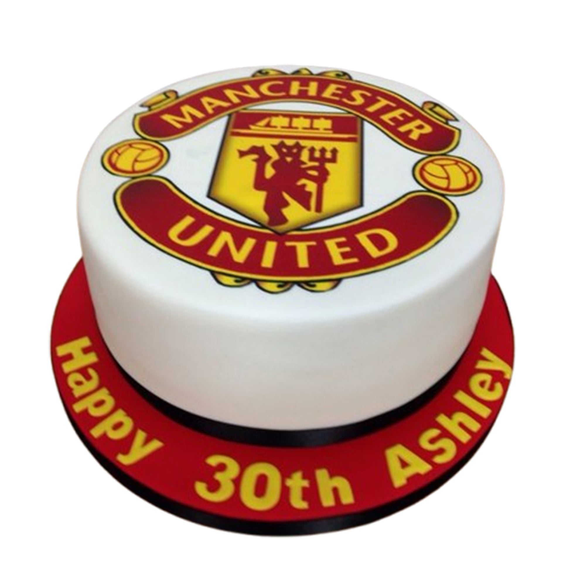 Manchester United-themed cake in iconic red, black, and white with edible club crest and football details.