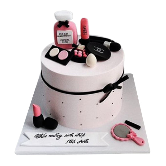 Makeup-themed cake featuring beauty and cosmetic elements, perfect for beauty queen celebrations, makeup artist milestones, or makeup lover birthdays