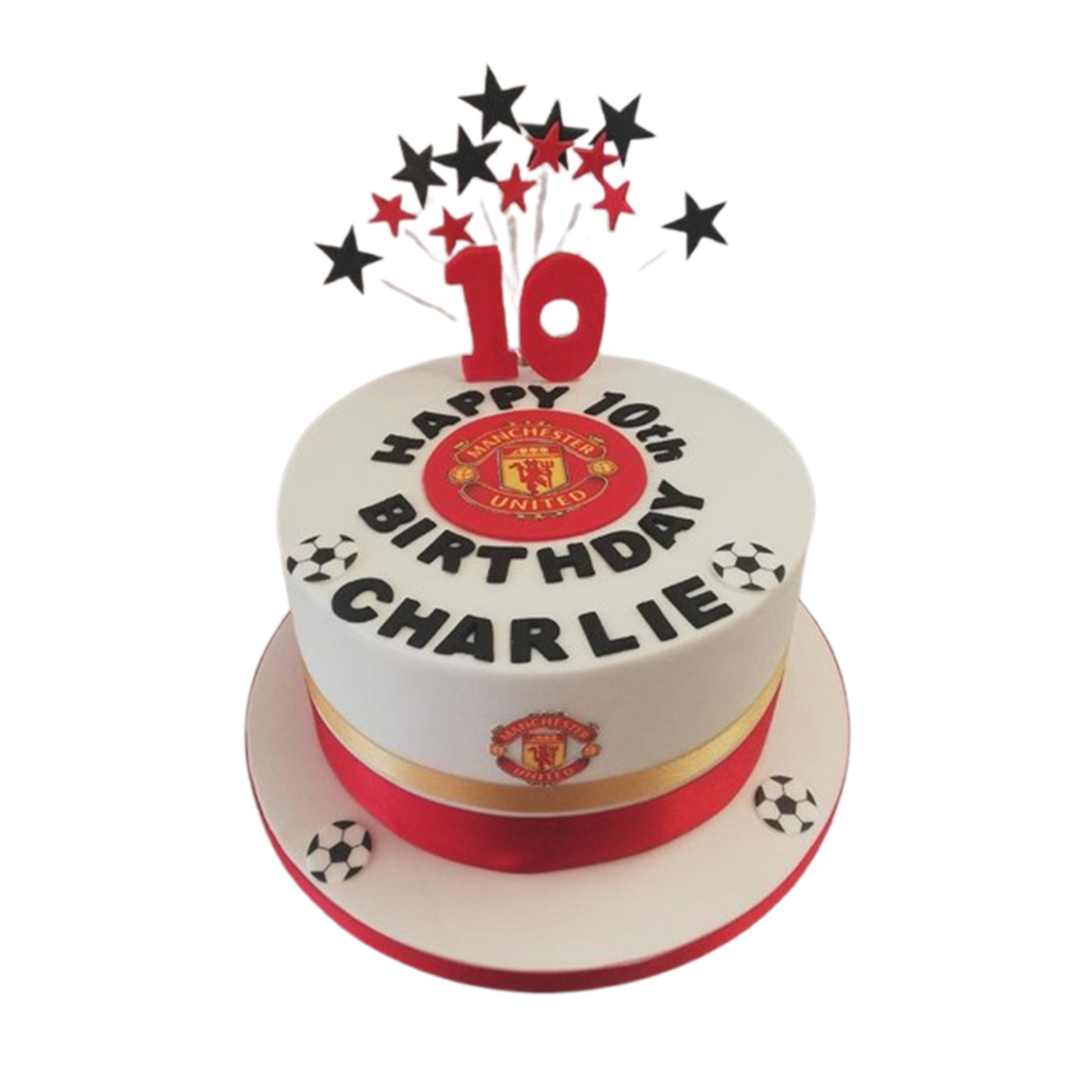 Manchester United tribute cake featuring edible fondant icons of Ferguson, Cantona, and Ronaldo celebrating club history.