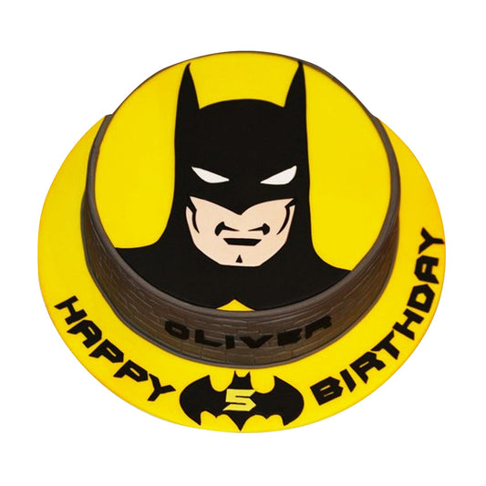 Batman Cake V20 - round birthday cake with fondant eclipse and Bat-Signal shining through it