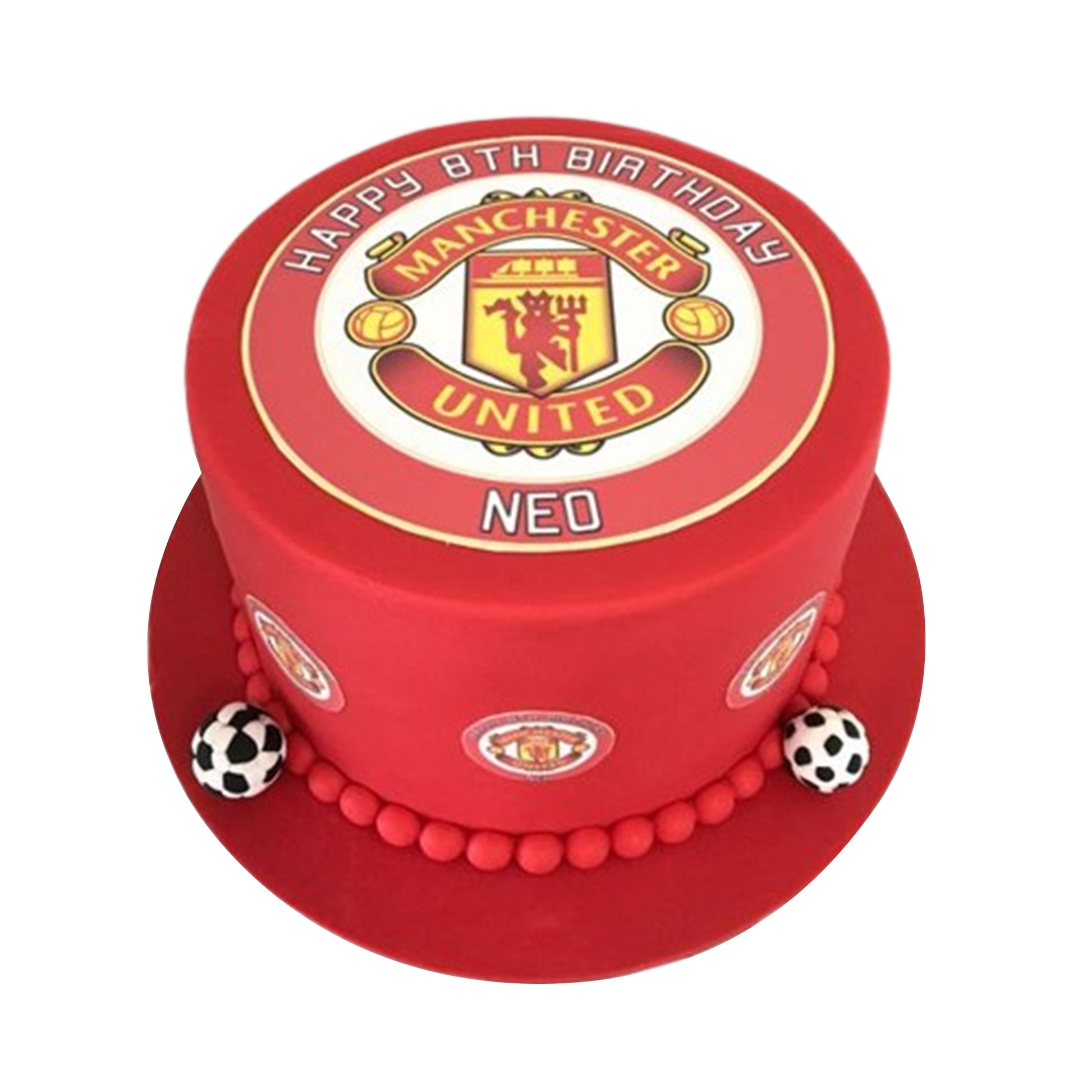 Manchester United legacy cake with edible trophy decorations, iconic boots, and historic match moments in fondant.