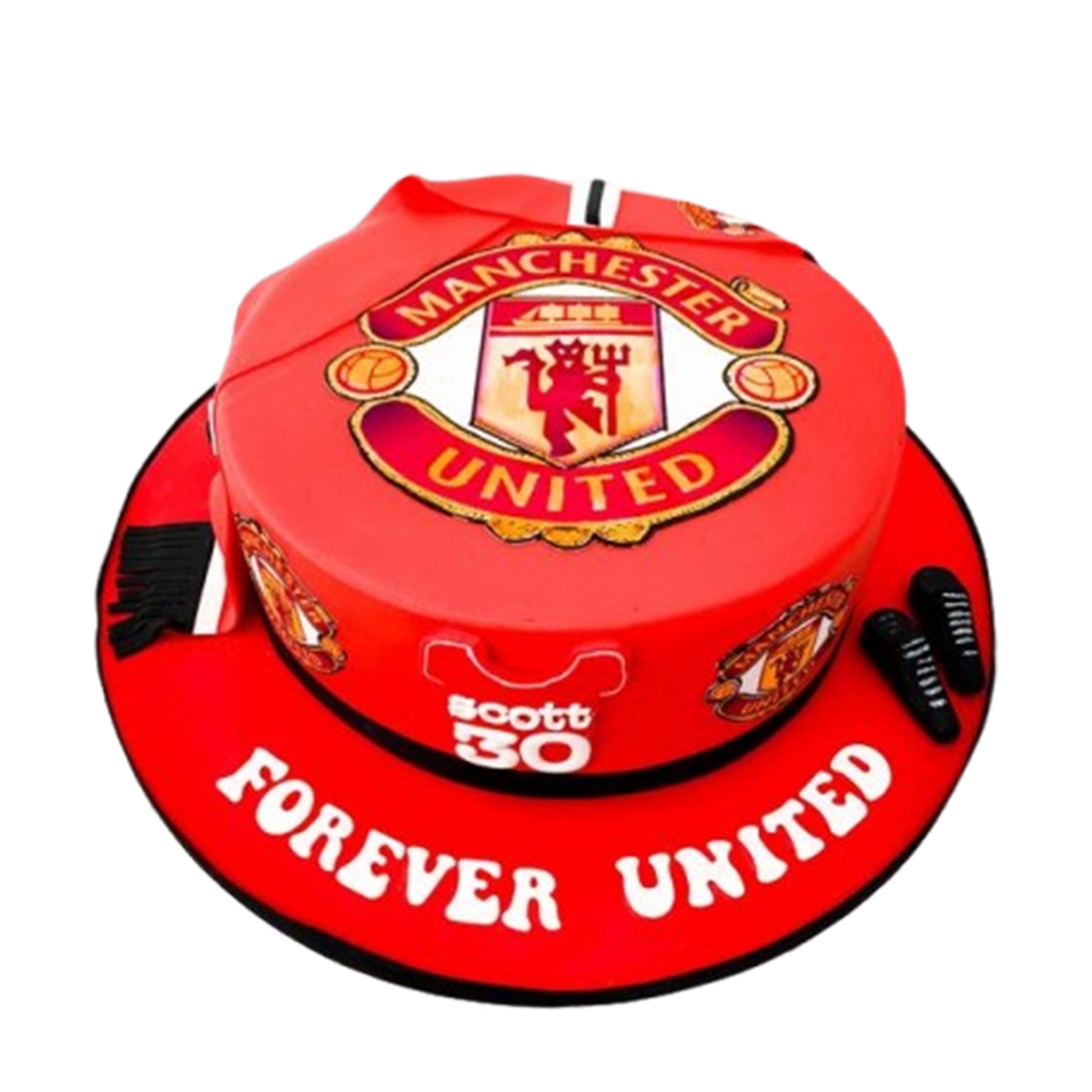 Manchester United victory cake featuring an edible fondant replica of a major club trophy, celebrating historic wins.

