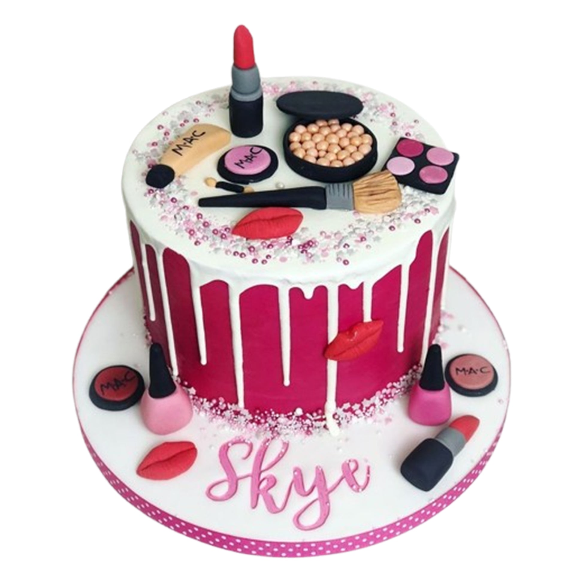 Makeup-themed cake with personalized messages, customized to reflect the recipient’s personality or favorite makeup products