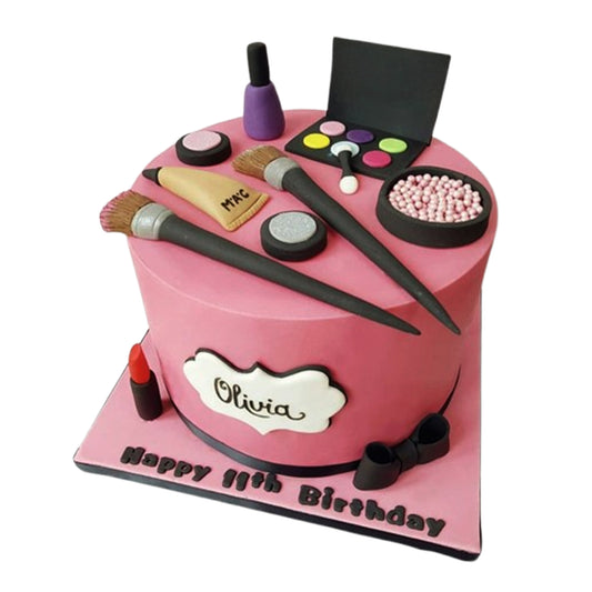 Stylish makeup-themed cake featuring bold colors, textures, and decorative elements inspired by the glamour and artistry of the makeup world

