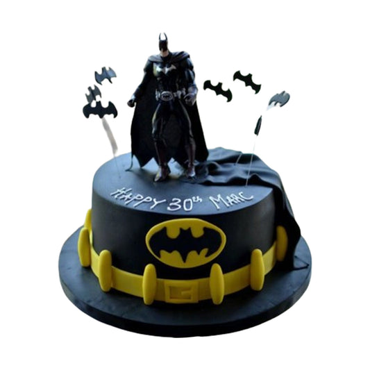 Batman Cake V3 - round birthday cake with glowing Bat-Signal on dark black and grey gradient background