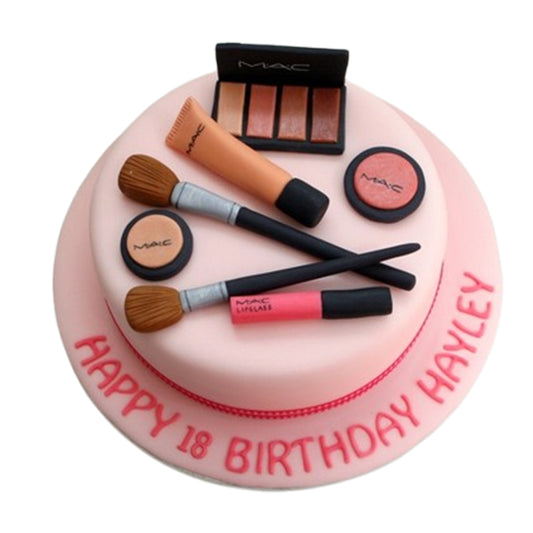Makeup-themed cake available in flavors like vanilla, chocolate, red velvet, salted caramel, coffee, or strawberry, combining style with delicious taste