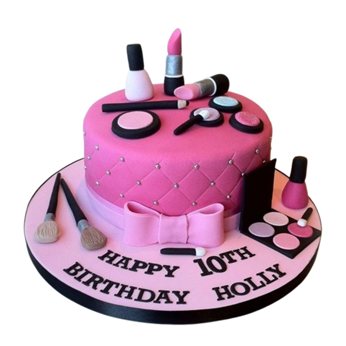 Luxurious layered beauty cake with silky mousse or ganache filling, adorned with edible makeup accents.