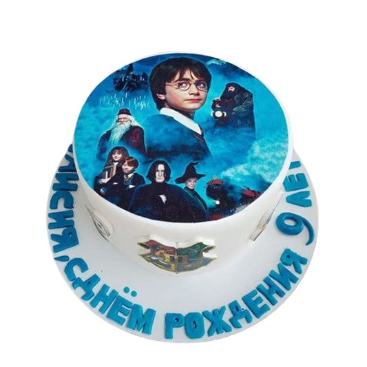 Multi-tiered Harry Potter cake with fondant Hogwarts castle towers and turrets, featuring a picture of Harry Potter