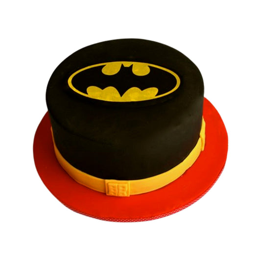 Batman Cake V6 - birthday cake with Batman on one side and villains Joker and Penguin on the other, city skyline divider