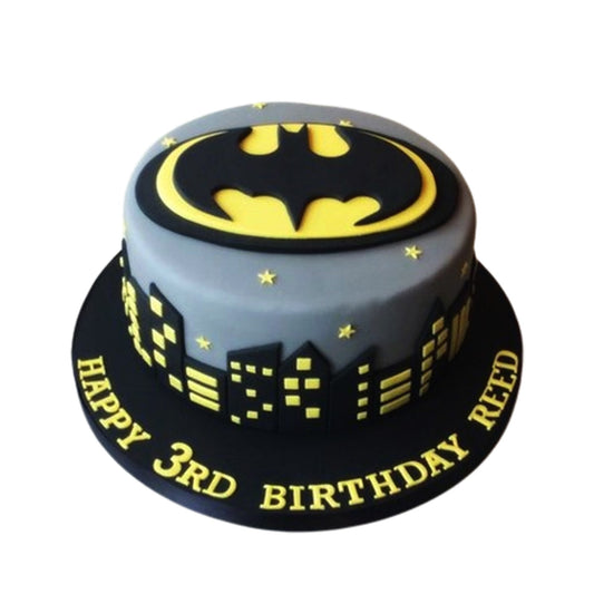 Batman Cake V7 - round birthday cake with Bat-Signal projected on full moon and starry night sky